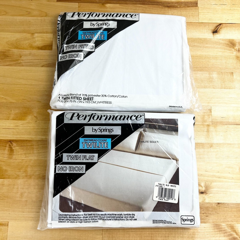 New Vintage Performance by Springs Twilite White Twin + Fitted Flat Sheets NOS